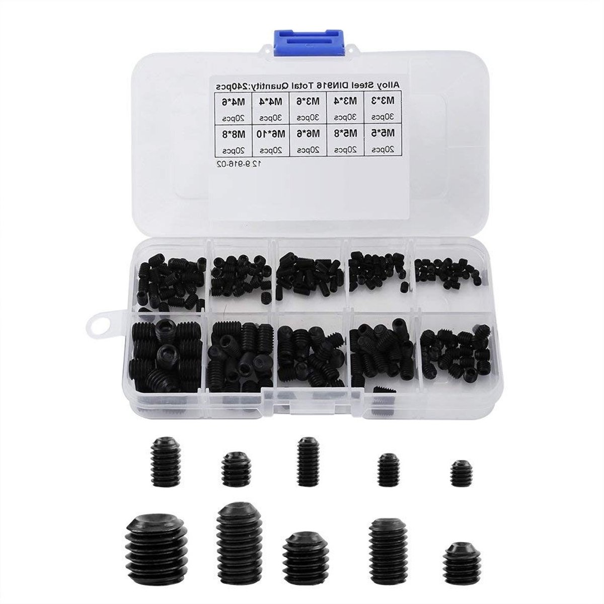 240 Stuks Grub Schroeven met Zeskantkop DIN916 M3-M8×0.5-1.25 RVS Volledige Draad Machine Schroeven voor Precisietoepassingen