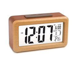 Houten Digitale Wekker met LCD Display – Decoratieve Wekker – Tijd, Datum, Timer & Temperatuur – Backlight – Bureau / Slaapkamer Klok - Batterijen inbegrepen - Ecologisch - Hout afwerking