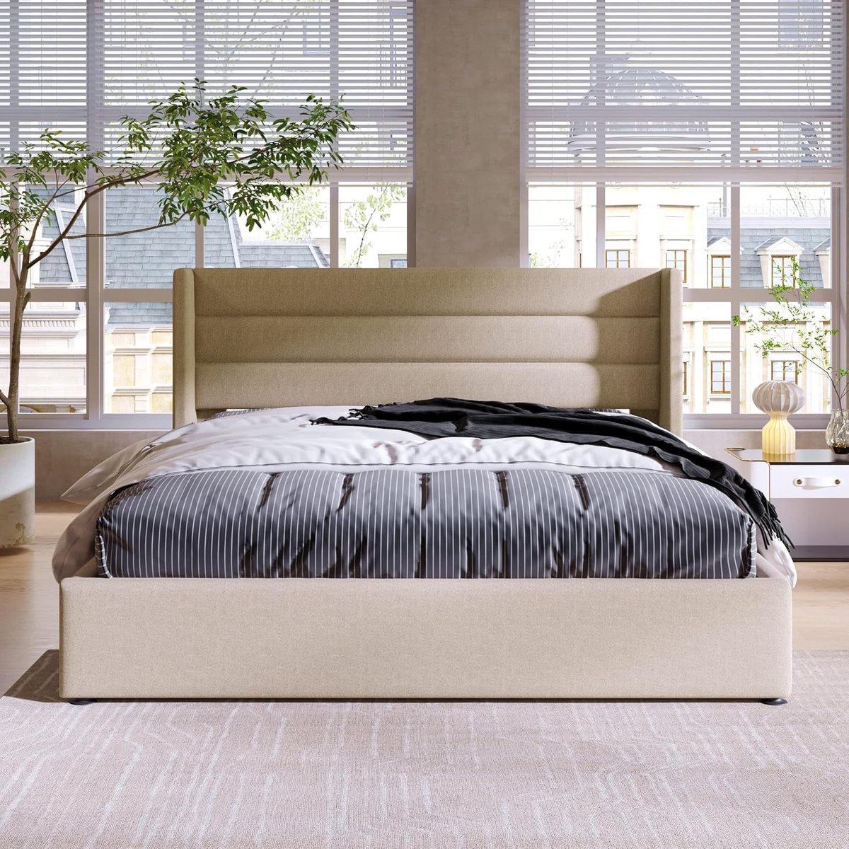 Luxe Gestoffeerd Tweepersoonsbed 140x200 cm - Modern Design Bedframe met Hydraulische Opbergruimte en Gevoerd Hoofdbord - Linnenlook Beige