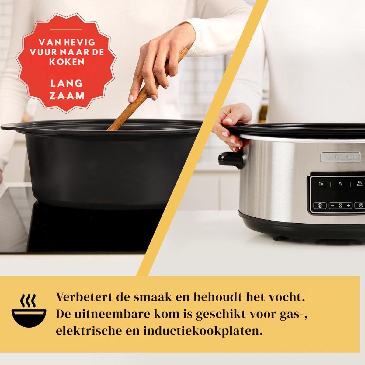 RUX® Slowcooker met Timer - Crockpot - Stoompan - Uitneembare Binnenpan - 3,5 Liter - Zilver - 25cm x 24cm x 23cm – foto 5