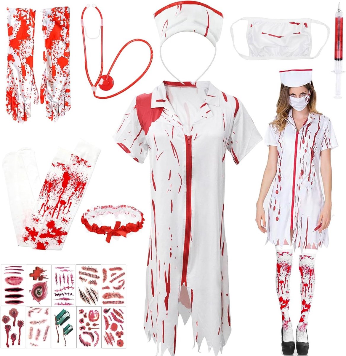 9-delig verpleegster kostuum voor Halloween, zombie verpleegster outfit, bloedvlekken horror kostuum voor vrouwen, accessoires voor carnaval en cosplay feestjes