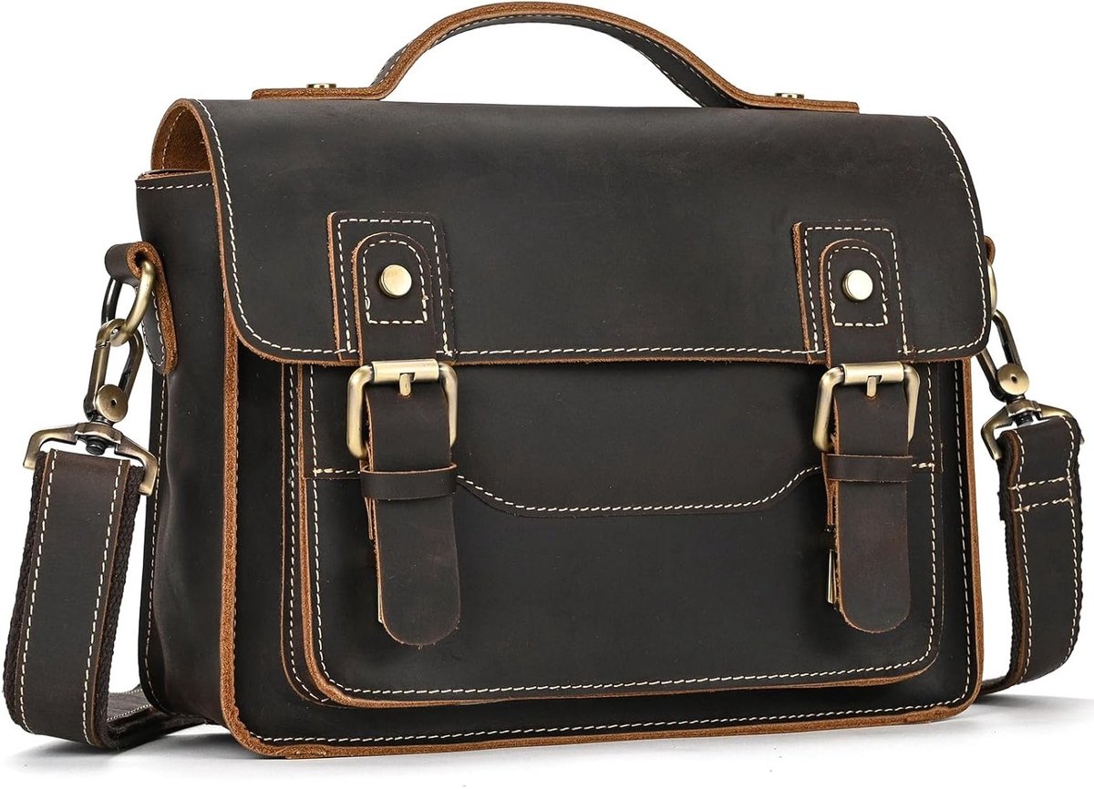Lederen Schoudertas voor Heren - Laptoptas - Echt Leer - Messengertas - Schouderriem - Werktas - Draagtas - Handtas - Geschikt voor Herkenningspunten - Donkerbruin - Klein Formaat - Laptoptas tot 9,7 inch - 9505 - Allecta