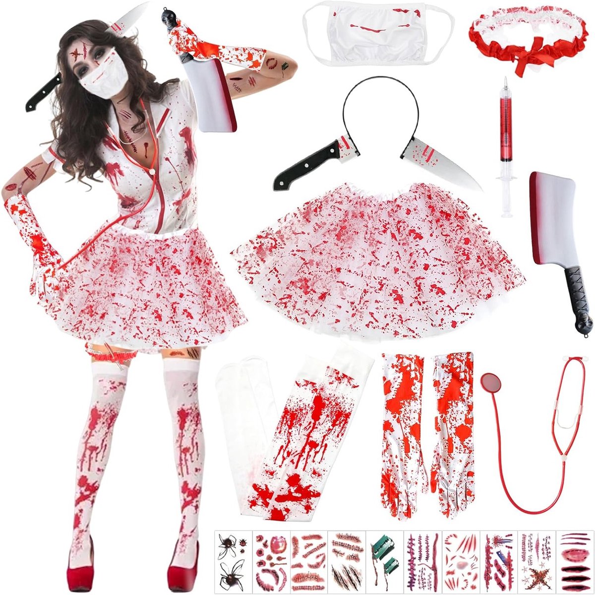 Halloween Kostuum voor Dames - Grote Verpleegster Outfit, Zombie Kostuum, Horror Cosplay voor Feest en Carnavalsvieringen