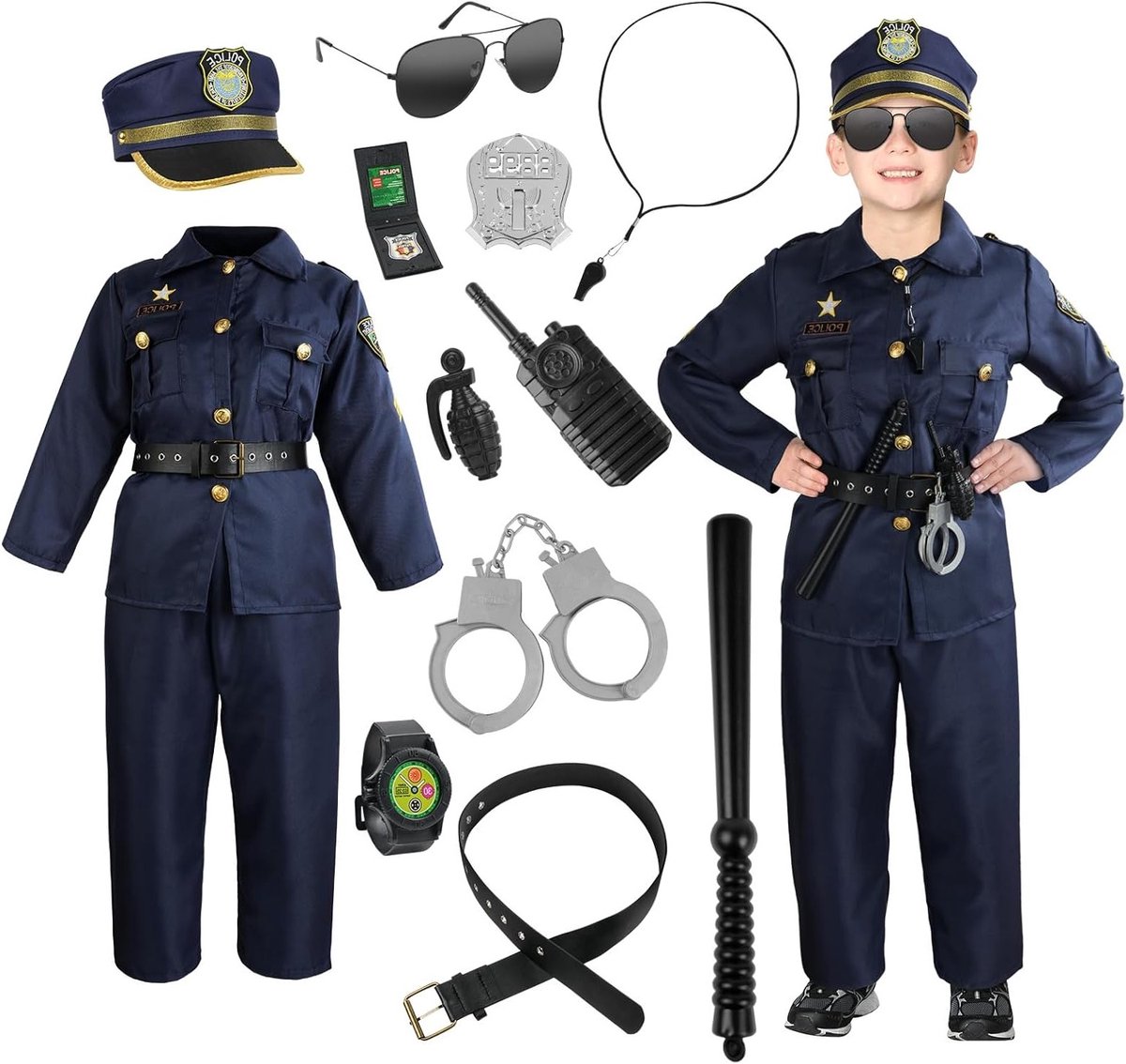 Politie Kostuum voor Kinderen, 13-delige Set met Hoed, Handboeien en Accessoires voor Jongens en Meisjes, Ideaal voor Verkleedpartijen en Rollenspellen