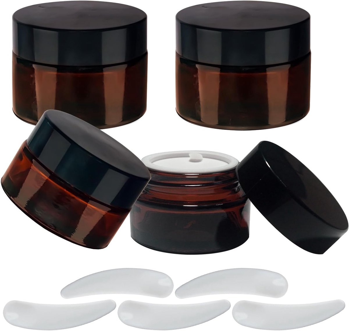 Set van 4 Lege Cosmetische Glazen Potjes, 20 ml en 30 ml Amber Glazen Jars met 5 Spatels, Ideaal voor Crèmes, Lotion en Reizen
