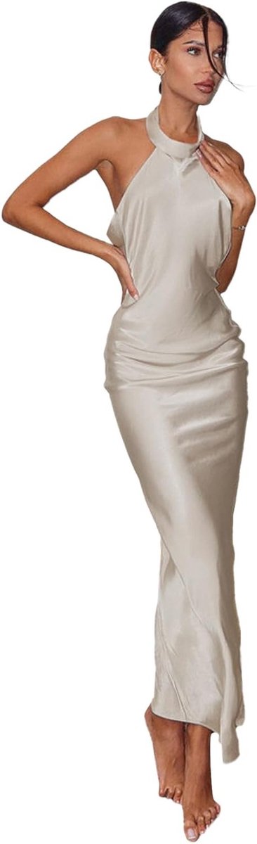Elegante Avondjurken voor Dames - Mouwloze Satijnen Lange Baljurk met Halternek, Perfect voor Bruiloften en Feestjes