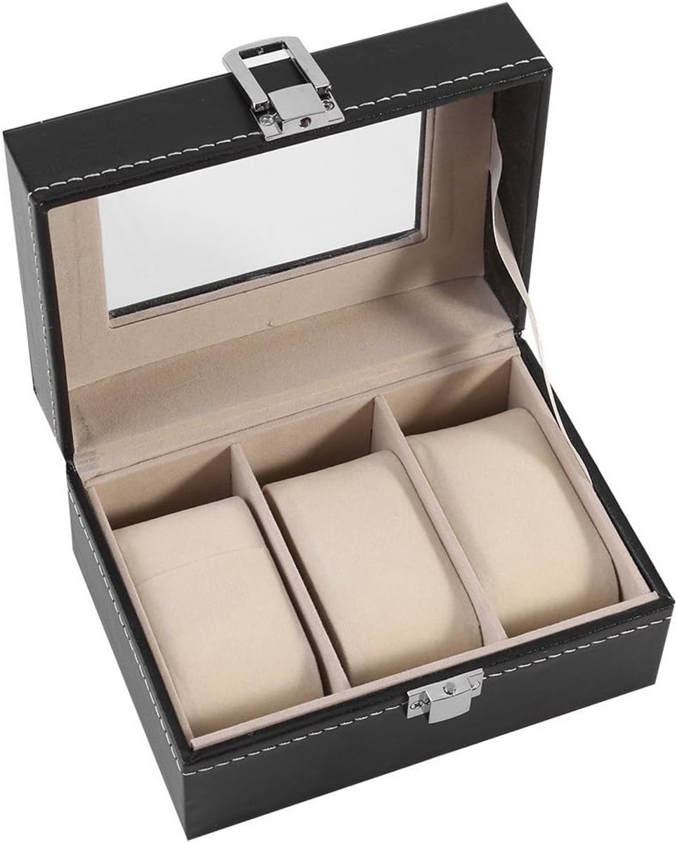 Elegante Horlogeopslagdoos van PU Leer met 3 Vakken voor Horloges en Sieraden, Perfect voor Mannen en Vrouwen, Ideaal als Cadeau en voor Organisatie