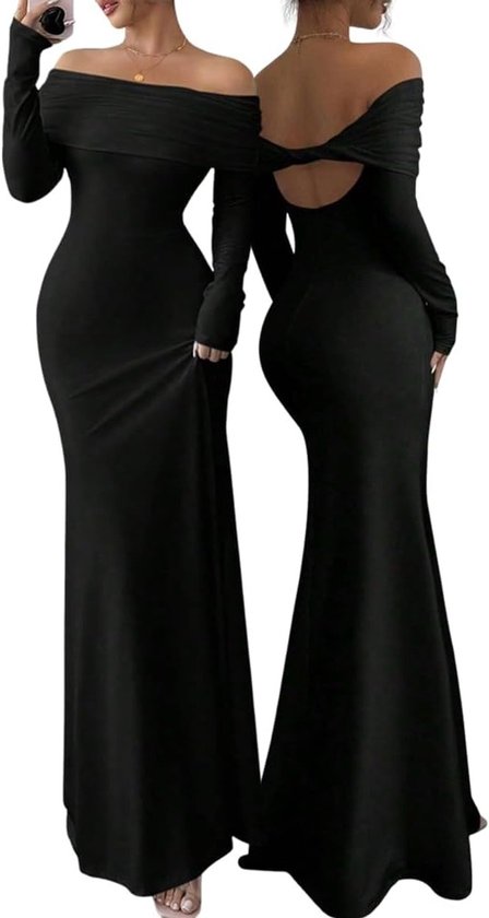 Robe longue maxi élégante à manches longues pour femmes, dos nu et accentuant la silhouette pour les fêtes et les soirées