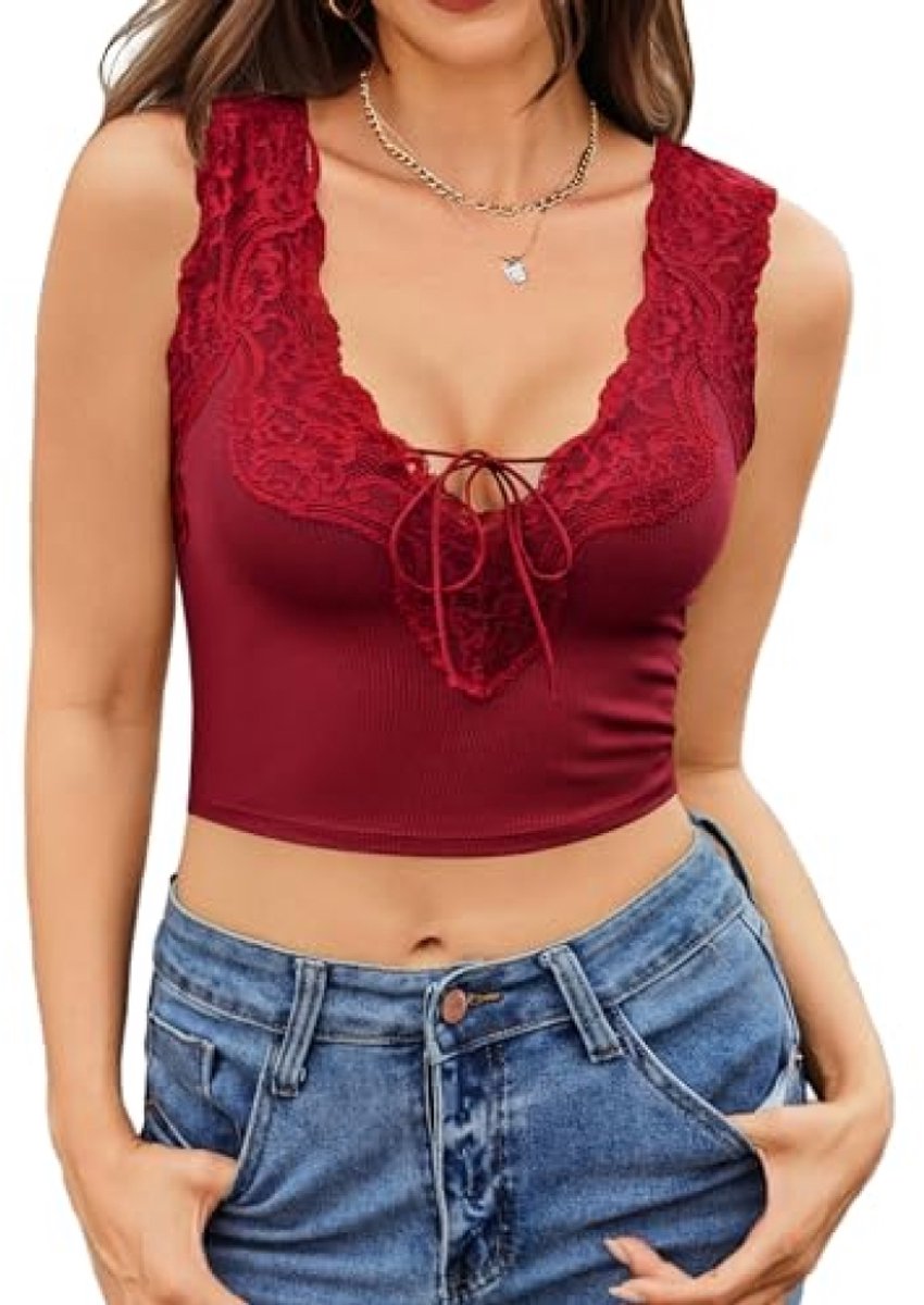 Dames Crop Top - V-hals, kantafwerking, buikvrij - Rood - XXL - Elastisch materiaal