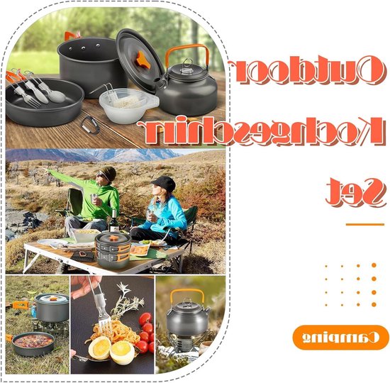 Complete Kookset voor Kamperen - 10-delige Pannenset voor 2-4 Personen, Inclusief Kookgerei en Theepot voor Hiking, Picknick en BBQ — afbeelding 5