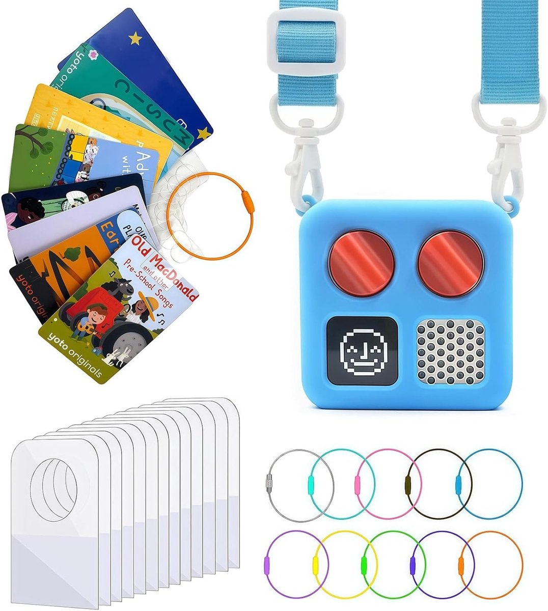 Mini Silicone Hoes met Kaarthouder voor Yoto Kaarten, Beschermende Jacket met Schouderband en 50 Tabs voor Yoto Mini Speler, Lichtblauw