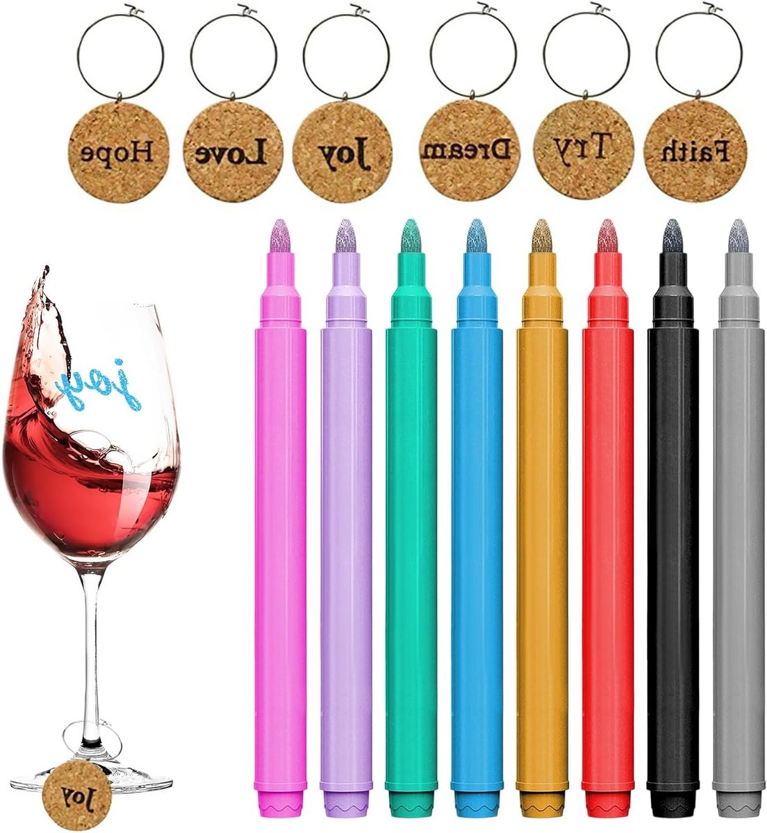Set van 14 Wijn Glas Markers met 8 Wasbare Glaspennen en 6 Sieraden voor Wijnglazen, Perfect voor Feesten en Verjaardagen, Veilig en Vaatwasserbestendig
