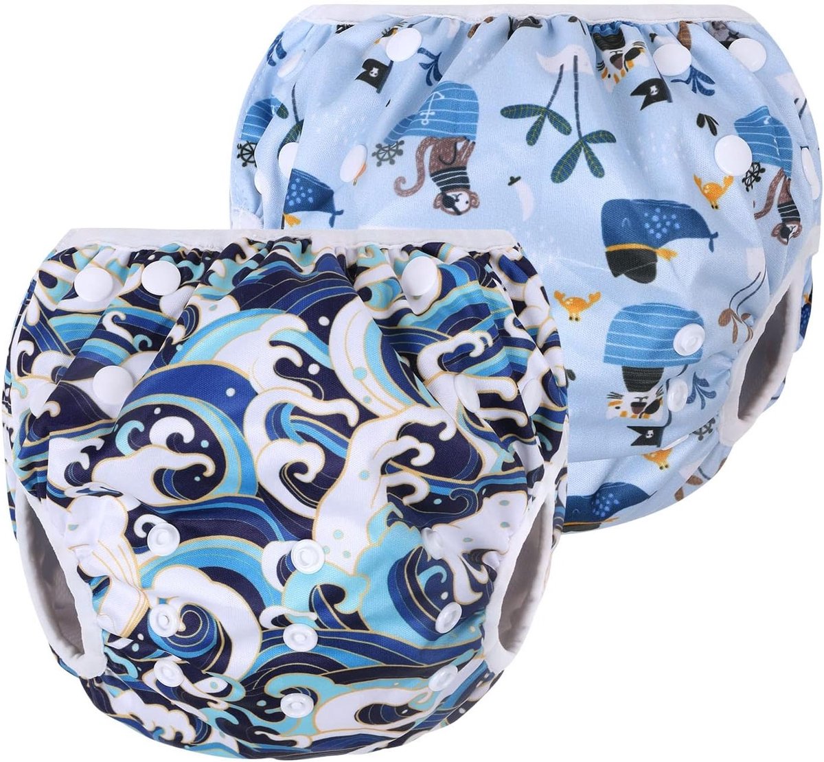 Herbruikbare zwemluier voor peuters 0-3 jaar - Verstelbare en wasbare zwemshorts in blauw met piratenschip en golven (2-pack)