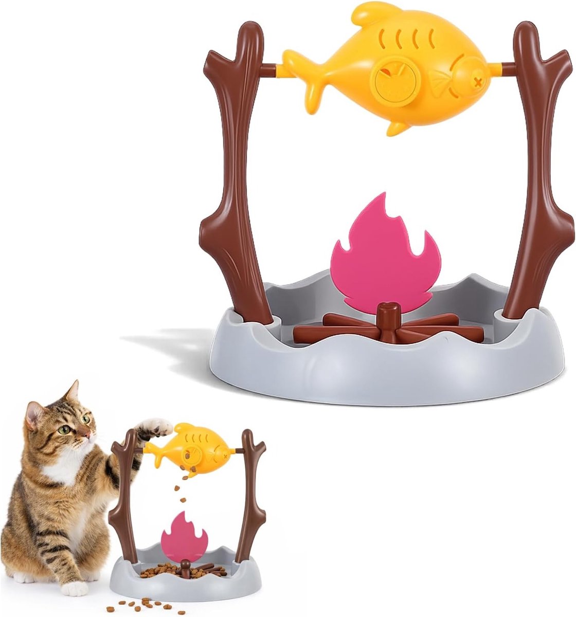 Automatische Interactieve Kattenvoerdispenser met 360° Rotatiefunctie en 3 Uitlaten, Langzaam Voeder Systeem in Gegrilde Kip Design voor Slimme Katten en Beweging Spelletjes