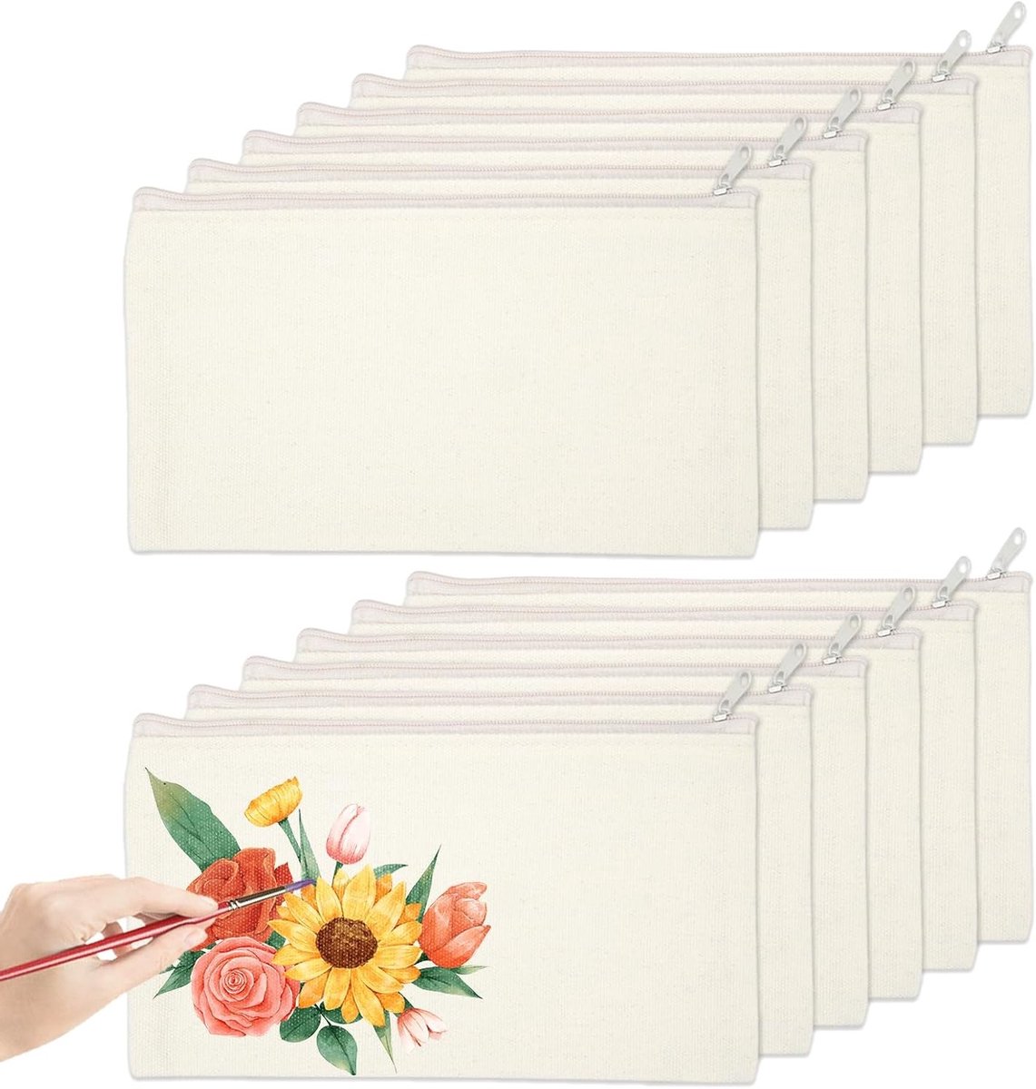 Set van 10 Stuks Lege Stoffen Tassen, Ideaal als Pennenzak, Make-up Tas of Toilettas, 21x12cm, Wit