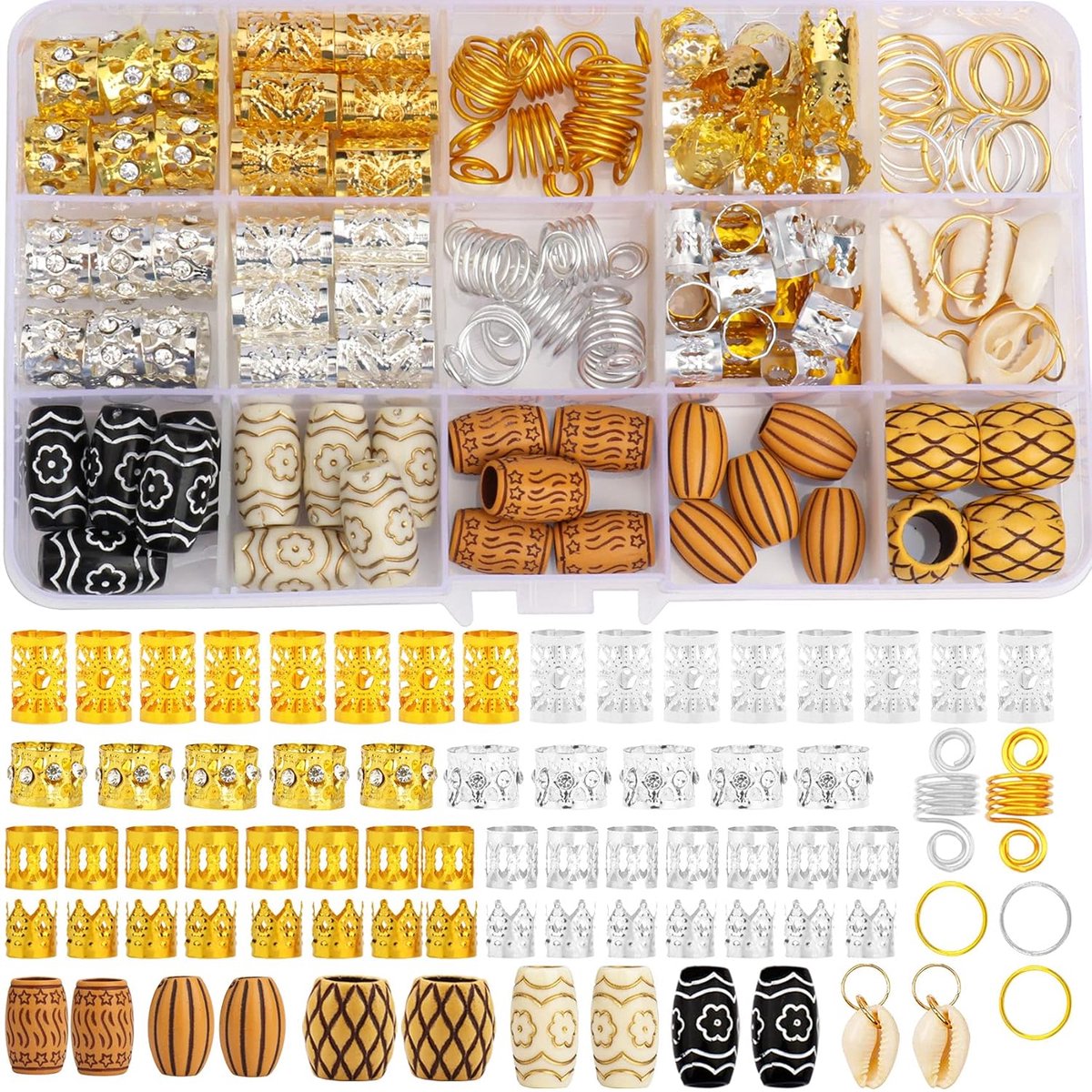 OLOEY 133 stuks haarsieraden voor vlechten-gouden haarmanchetten voor dreadlocks-haarringen-dreadlockaccessoires-schelpen-imitatiehoutachtige haarbuisjes-kralen voor dameshaardecoratie