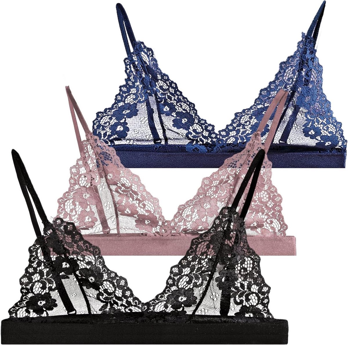 Luxe 3-delige kant bh set voor dames, sexy transparante balconette zonder beugel, triangle cups, maat S-L