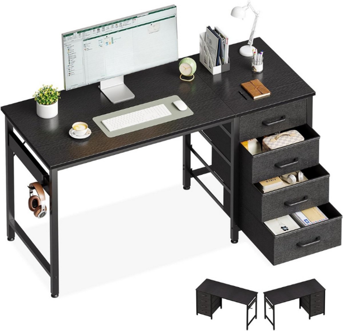 ODK Bureau met 4 lades, 120 x 48 x 76 cm, computertafel met hoofdtelefoonhouder, pc-tafel, omkeerbare houten bureautafel voor thuiswerkplek, zwart