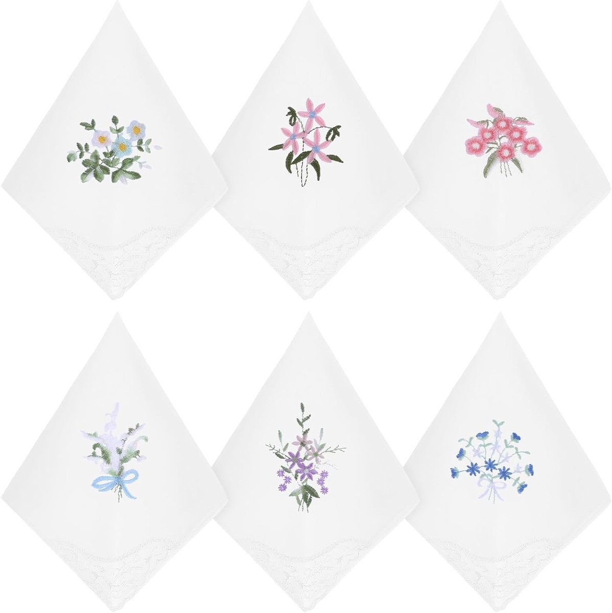 Set van 6 Elegante Vrouwen Handkerchiefs, Katoenen Geborduurde Zakdoeken met Vintage Bloemen en Kant, Ideaal voor Bruiloften en Feestjes