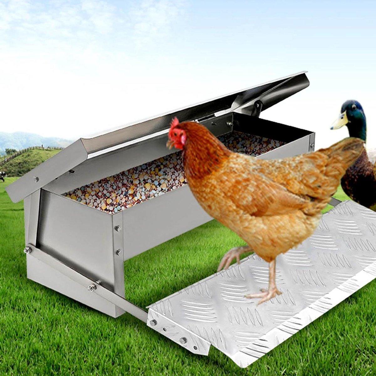 Gegalvaniseerde Voerbak - Kippenvoerdispenser - Pluimvee Voeren - Automatisch Pedaalontwerp - 5 kg Capaciteit - Zilver