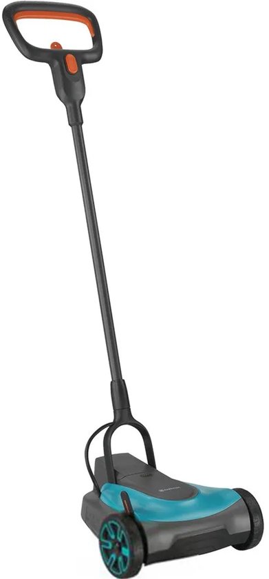 Grastrimmer met oranje handvat, blauw-grijze behuizing en lichtblauwe details op de wielen.