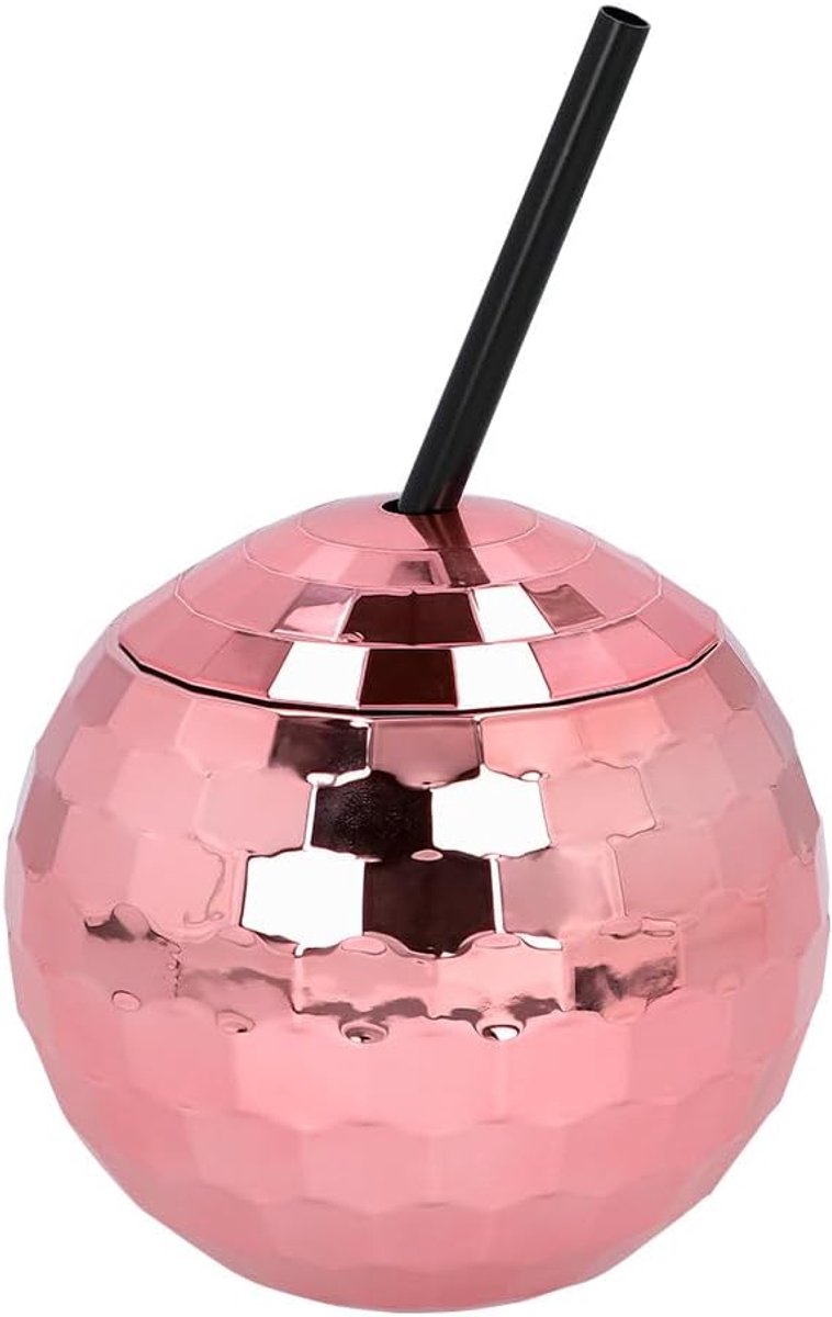 JeiibrZui Disco Bal Beker Met Rietje - 600 Ml - Herbruikbaar Feestglas Met Deksel - Roségoud - Voor Tuinfeesten En Themafeesten