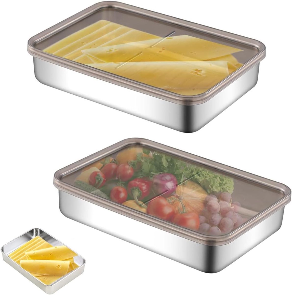 Baconopslagdoos voor de koelkast - RVS vleesbewaarbox met deksel, ideaal voor deli vlees, pastasaus en selderij, 2-delige set
