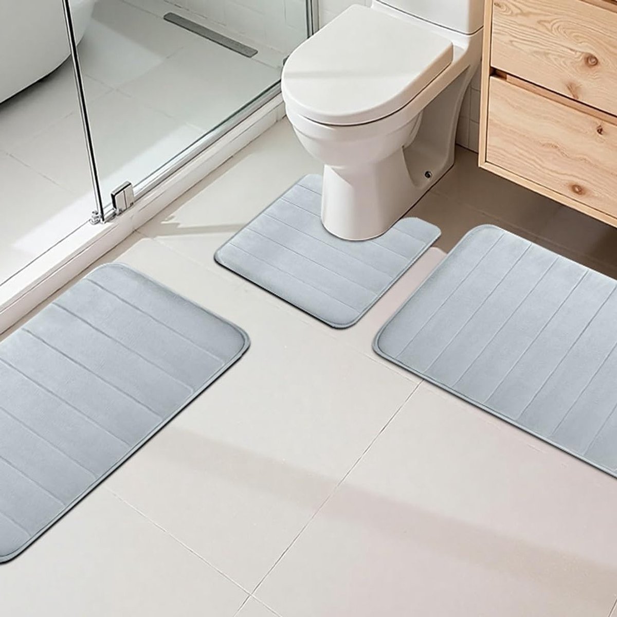 3-delige badmatset van zachte microvezel, antislip en wasbaar, perfect voor badkamer en toilet (lichtgrijs)