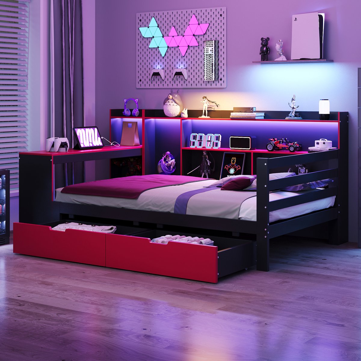 Welltin Houten slaapbank 90x200 cm, met bureau, boekenplank, opbergvakken en planken, geïntegreerde verlichting en stopcontacten, lades, multifunctioneel houten bed, zwart + rood