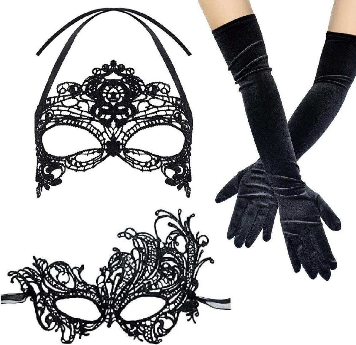 Drie-delige Venetiaanse Maskerset voor Vrouwen met Kanten Masker, Kanten Handschoenen en Retro Kostuum voor Carnaval en Maskerbal