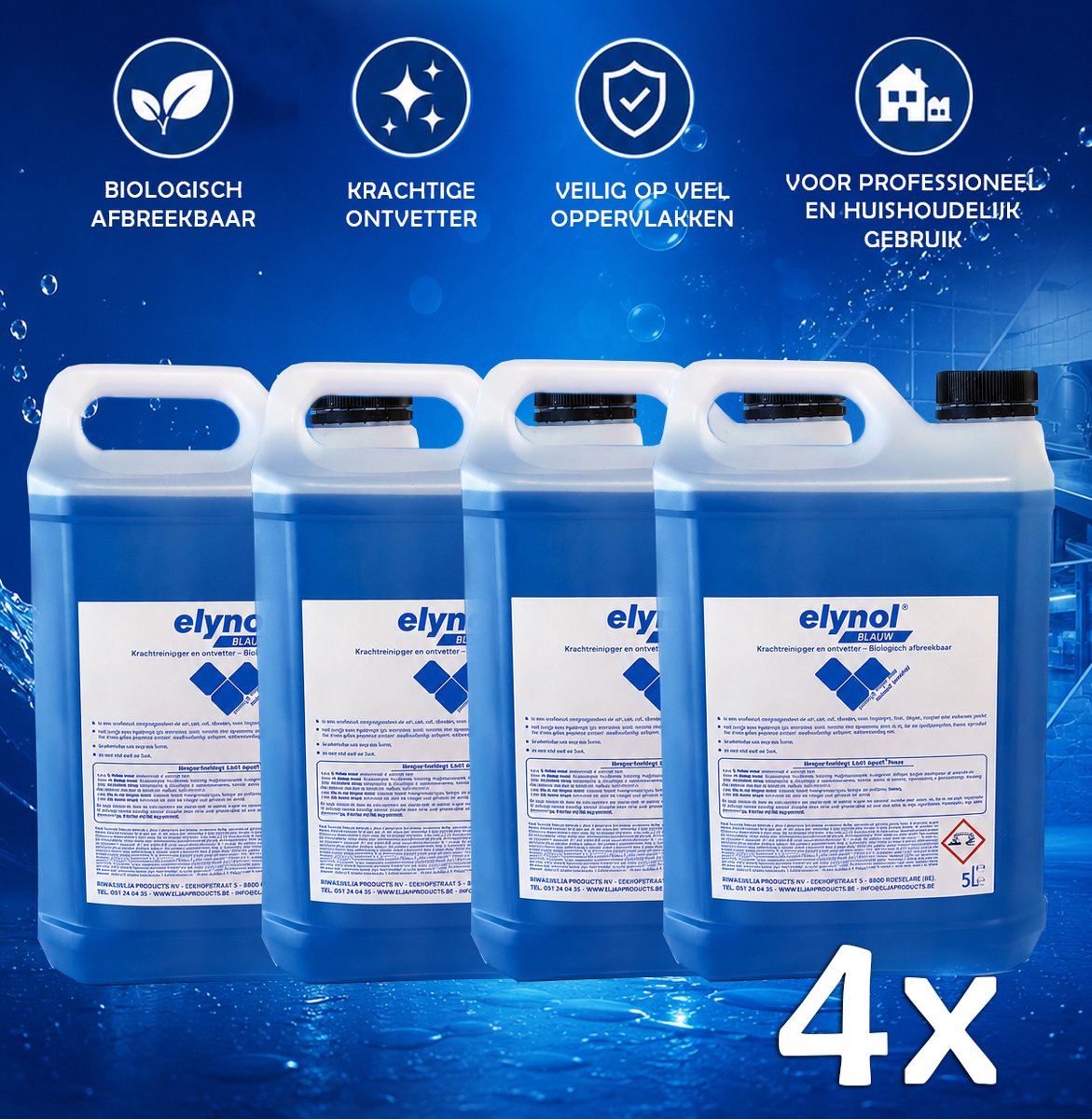 Voordeelverpakking - Elynol Blauw Superreiniger | 4x5L | Allesreiniger | Ontvetter