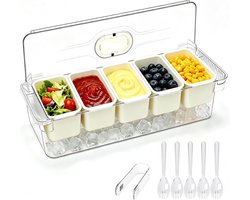 KZQ Ice Chilled Condiment Caddy Containers Server with Lid,Serving Fruit Tray Platter with 5 Removable Compartments,Garnish Tray for Party Supplies & Bar Accessories for Taco,Salad