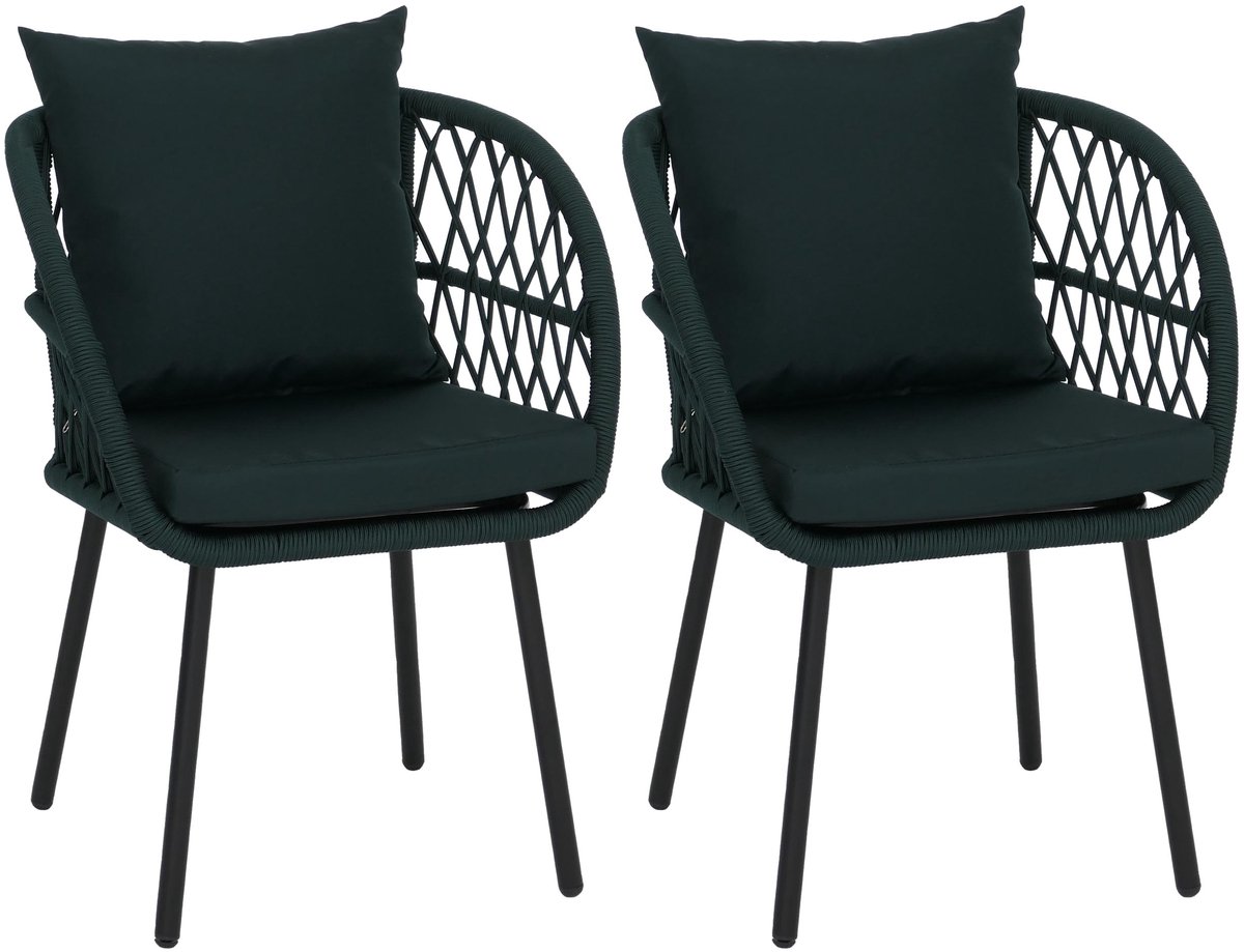 Set van 2 tuinstoelen MCW-Q38, tuinstoel met armleuningen, aluminium vlechtwerk Rope ~ frame zwart, bekleding groen