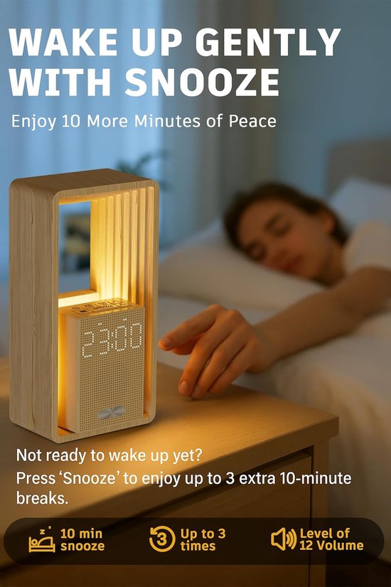 Nachtlamp met Klok - Wekker Sfeerverlichting - Rustig Ontwaken - Met USB Oplader - Verstelbaar - Houtkleur — afbeelding 4