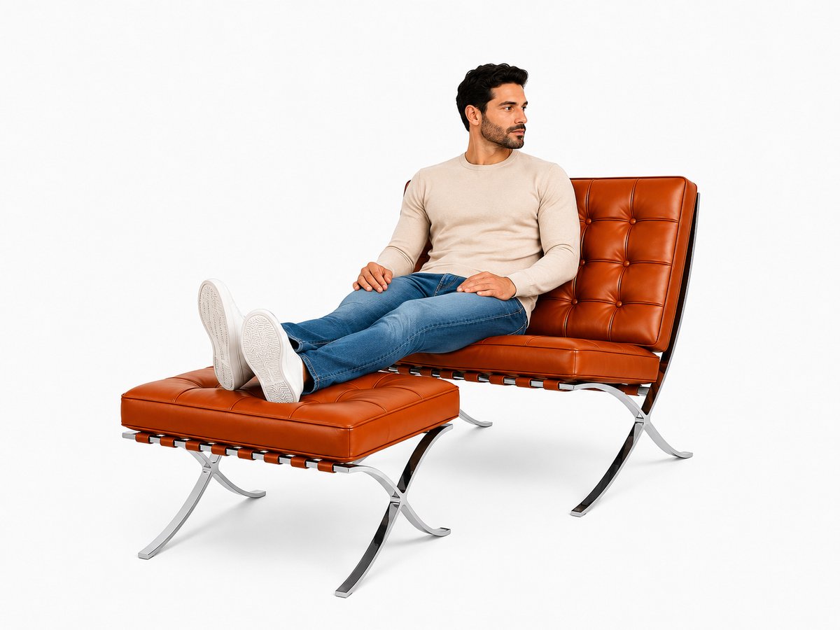 Malmo Chair + Hocker - Cognac Bruin - Stoel - Fauteuil