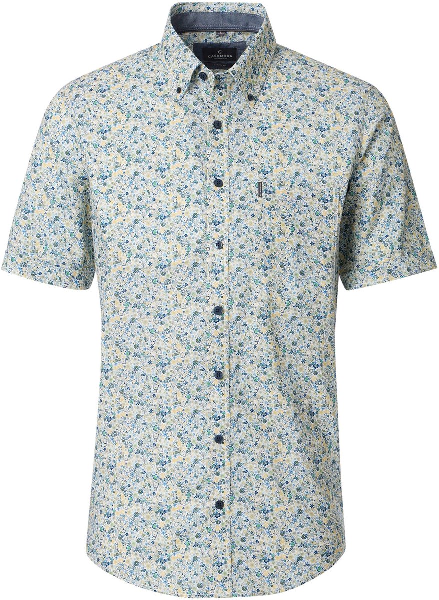 CASA MODA Sport casual fit overhemd - korte mouw - structuur - wit - blauw - geel - groen dessin