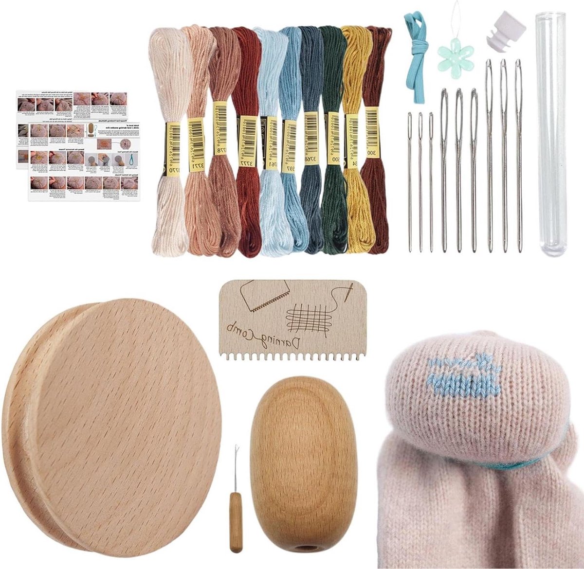 Stopgereedschap Set - Herstelschijf Naalden - Kleding Repareren - Met Opbergdoos - 10 Kleuren Draad - Houtkleur