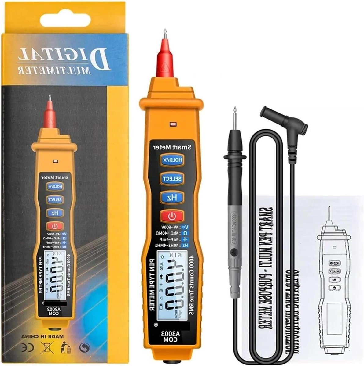 Digitale Multimeter - Spanningstestpen - Elektrische Metingen - Contactloze Detectie - 4000 Tellingen - Geel