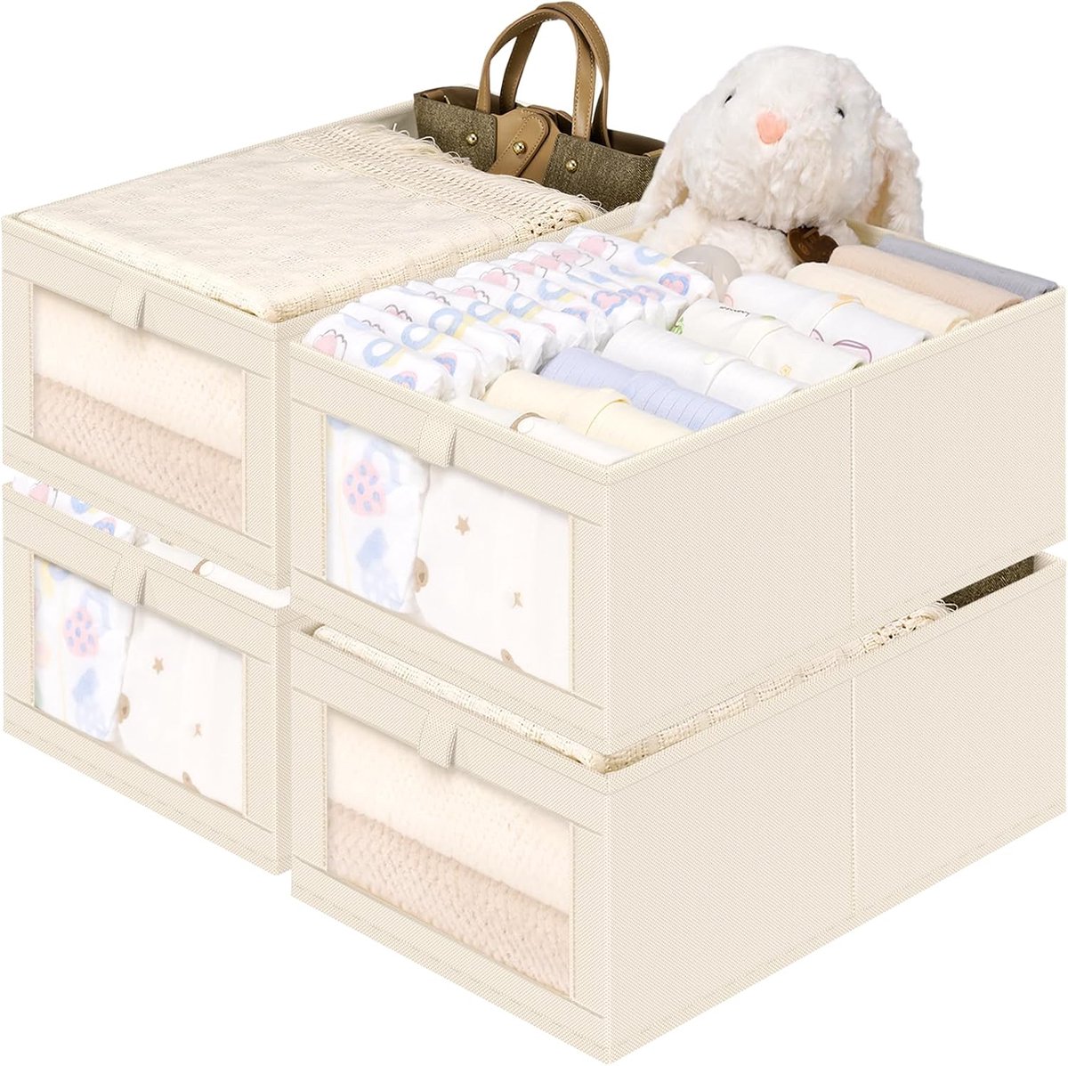 Mandjes Opbergen - Kledingkastorganizer - van linnen met een kijkvenster voor gemakkelijke organisatie - opvouwbare organizer - geschikt voor kleding - handdoeken - speelgoed - boeken - beige - 4 stuks