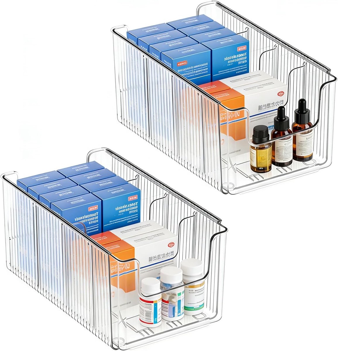 Set van 2 koelkastorganizers, transparante plastic opbergdozen voor voedsel, snacks en kruiden, uitbreidbare organizer voor make-up en medicijnen