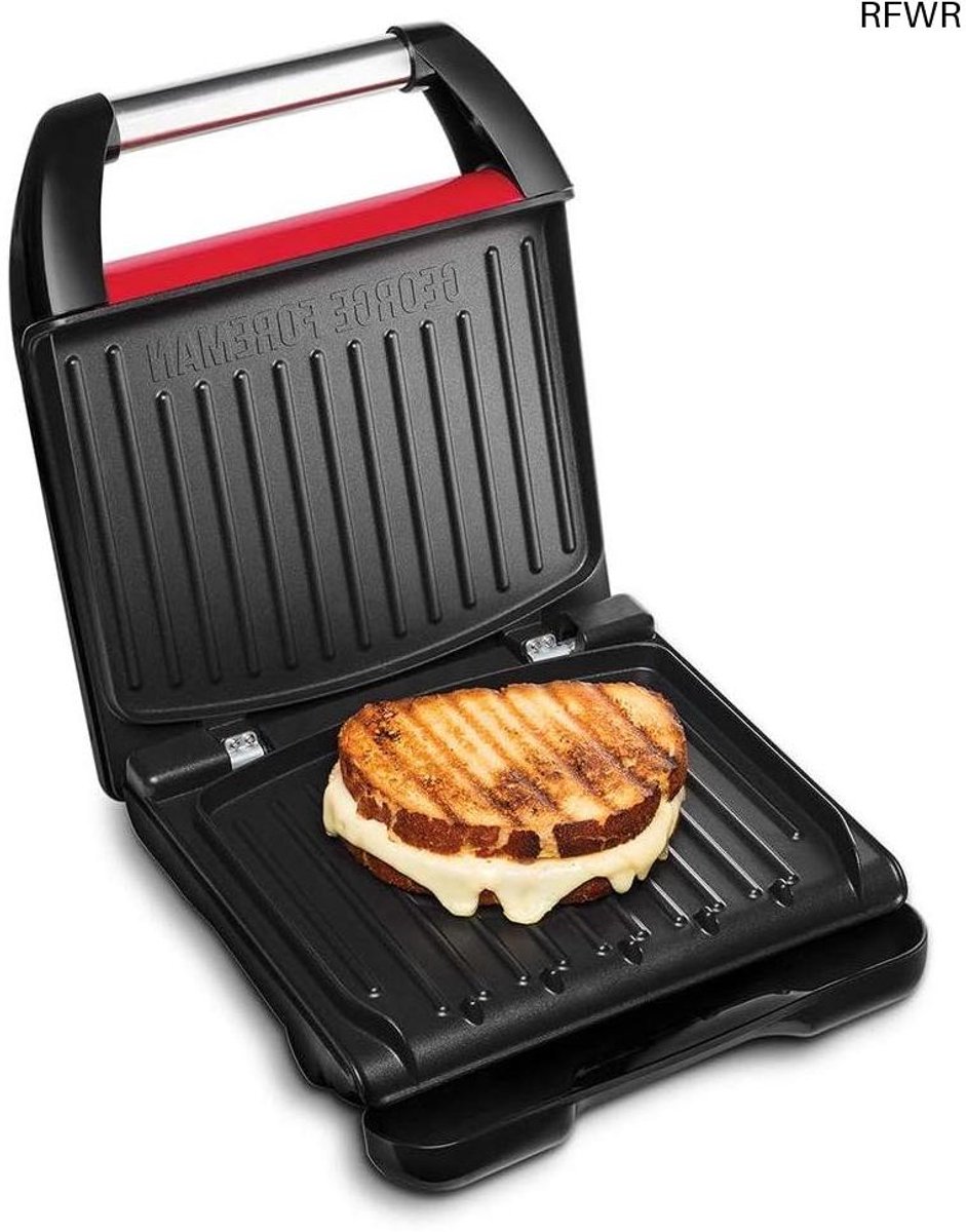 George Foreman Steel Compact Grill Rood, 3 Porties, Geborsteld RVS, Snel, Rechtop Opbergen, Verstelbare Voet, Flexibel Scharnier, 25030-56