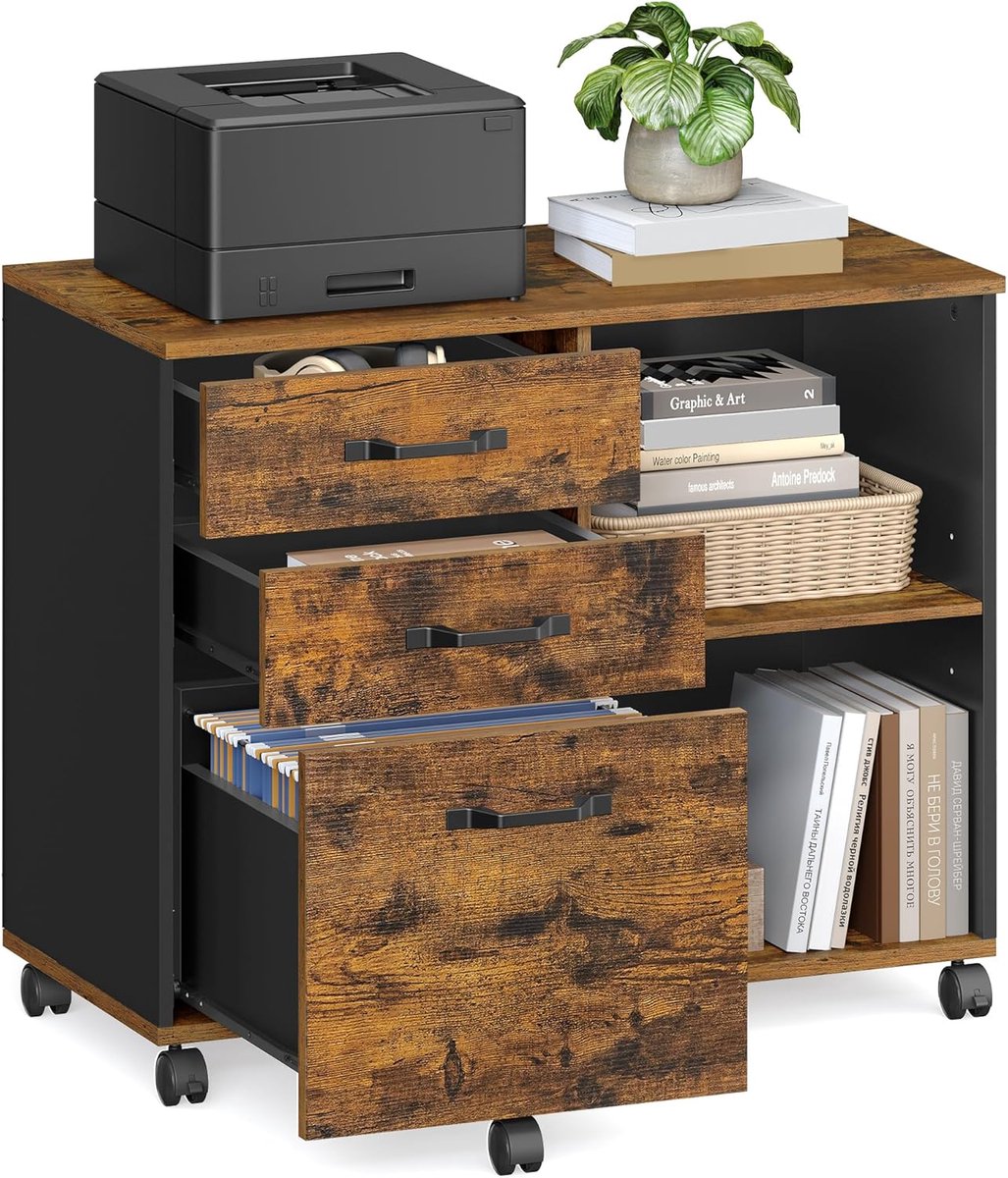 VASAGLE archiefkast, rolcontainer, vrij verrijdbaar, met wielen en 3 laden, voor documenten in DIN A4, briefformaat, printerstandaard, industriële stijl, vintage bruin-zwart OFC041B01