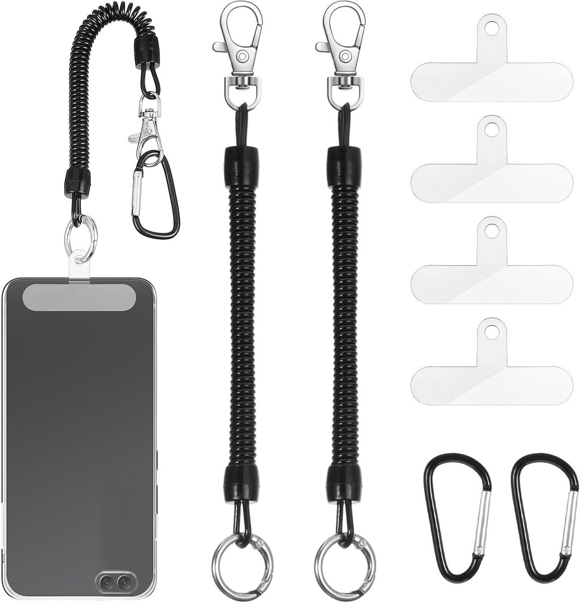 2-Pack Zwarte Telefoon Lanyards met Veer, Antivallende Lanyard met 4 Patches en 2 Carabiners voor Outdoor Activiteiten, Geschikt voor Smartphones tijdens Wandelen en Klimmen