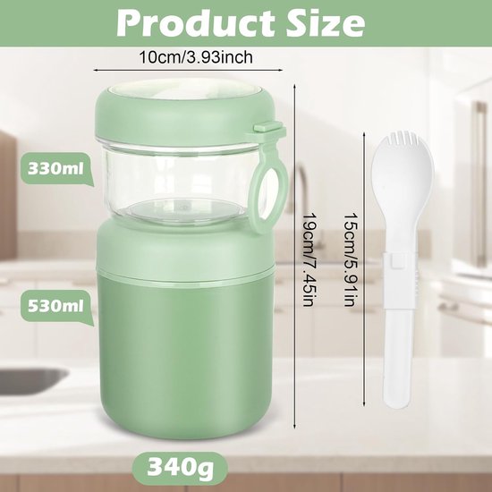 Large Stainless Steel Cereal Cup to Go Yogurt Cup 530 ml + 330 ml Portable, Leak-proof, Cereal Cup, Bread Box, Lunch Box, Cereal Box, Yogurt, Salad, Rice Box (Green) — afbeelding 4
