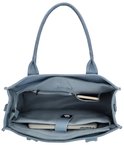 Open lichtblauwe denim shopper met een vak voor een laptop en telefoonvakje.
