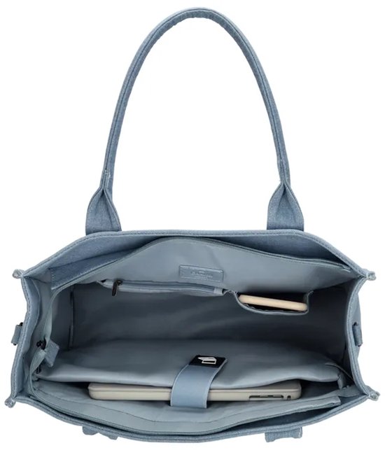 Open lichtblauwe denim shopper met een vak voor een laptop en telefoonvakje.
