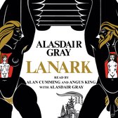 Alasdair Gray's Lanark, voorgelezen door Alan Cumming en Angus King, met Alasdair Gray. Zwart-wit illustratie met gouden accenten van twee menselijke figuren.