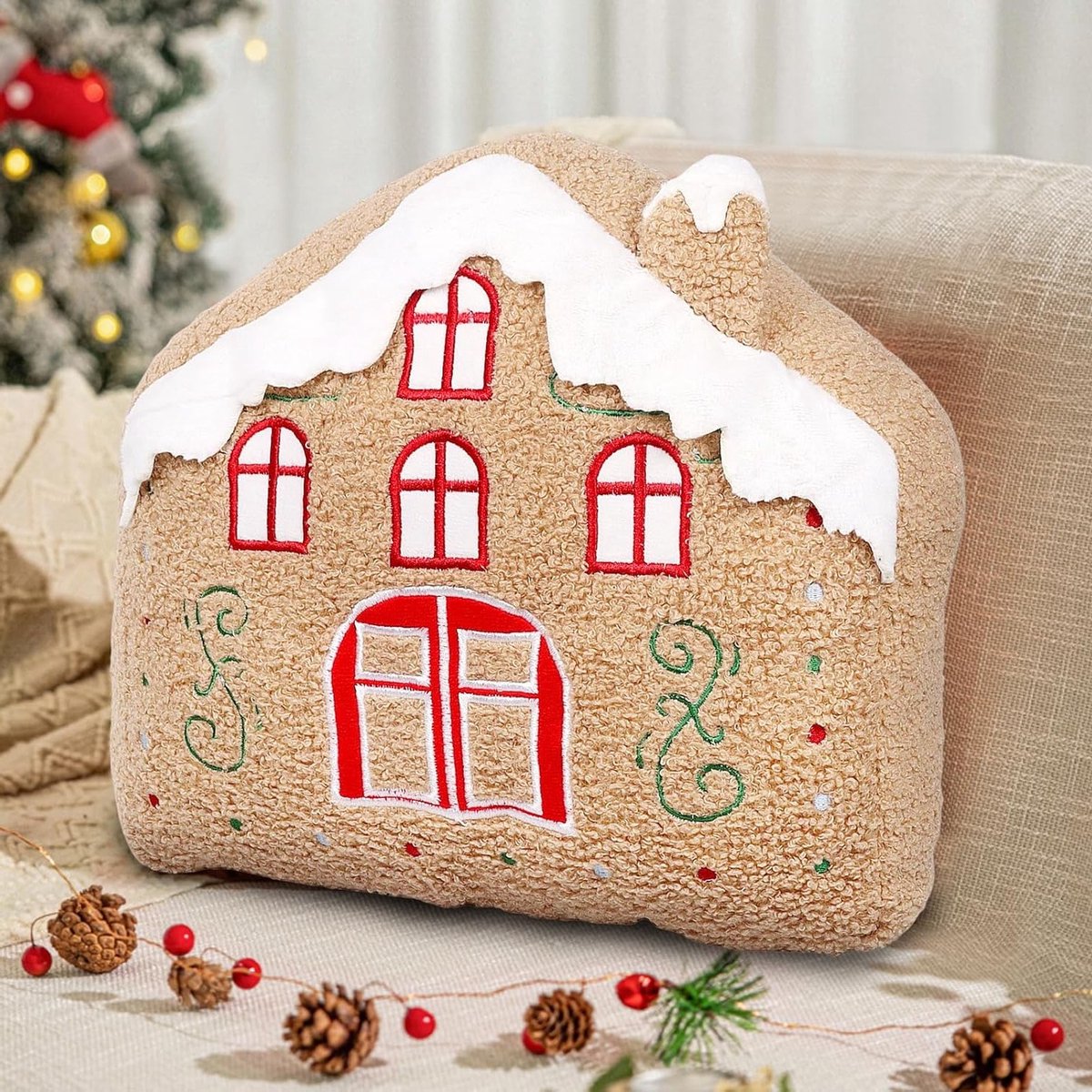 Gingerbread Huis Kussen 32cm Pluche Kerstdecoratie Zacht en Schattig Sfeervolle Kussens voor Bank en Bed