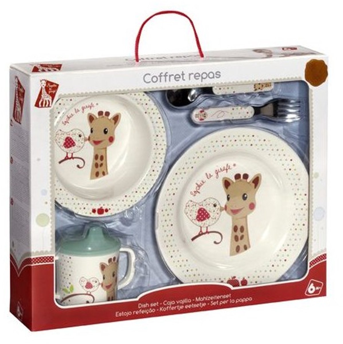 Sophie de giraf Maaltijdset - Kinder servies - Kinderbord - Drinkbeker - Kom - Kinder bestek - Vaatwasser bestendig - Vanaf 6 maanden - 5-Delig - Beige/Rood