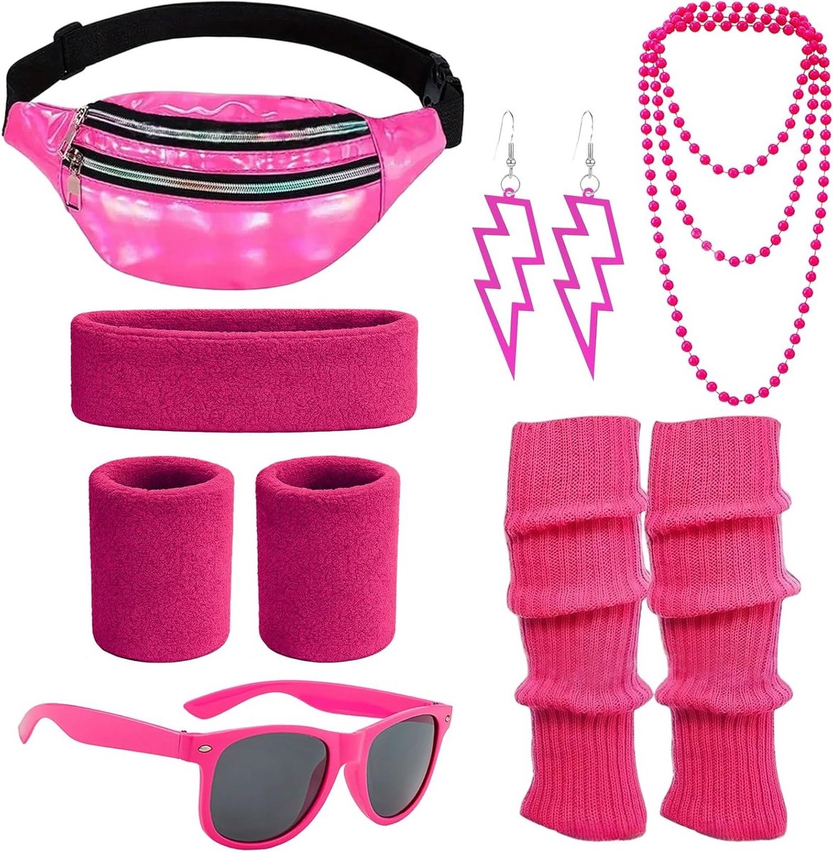 Retro 80s dames outfit met kostuum, accessoires, hoofdband, beenwarmers, oorbellen en riemtas voor carnaval en themafeesten